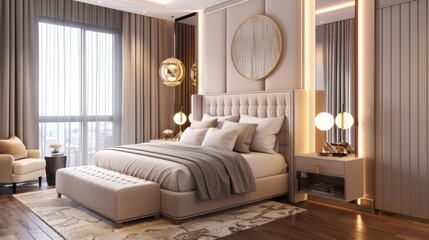 Fototapeta premium A modern and chic Scandinavian bedroom featuring a double bed with an upholstered headboard, bedside tables