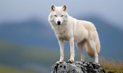 Obraz premium White wolf standing on edge of a cliff staring, Generative AI