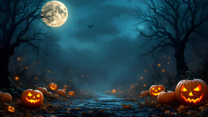 Fototapeta premium A spooky forest path lined with glowing jackolanterns under a full moon. Bats fly overhead, casting shadows on the misty night. Fall leaves litter the ground, adding to the eerie ambiance.
