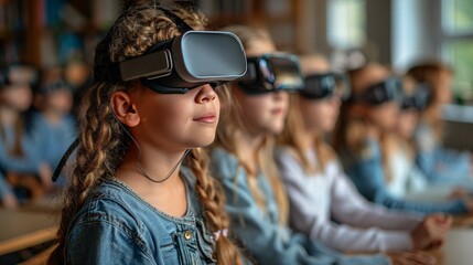 Future of Education: Capture a modern classroom where students are using advanced technologies like virtual reality and interactive tablets for immersive learning experiences.