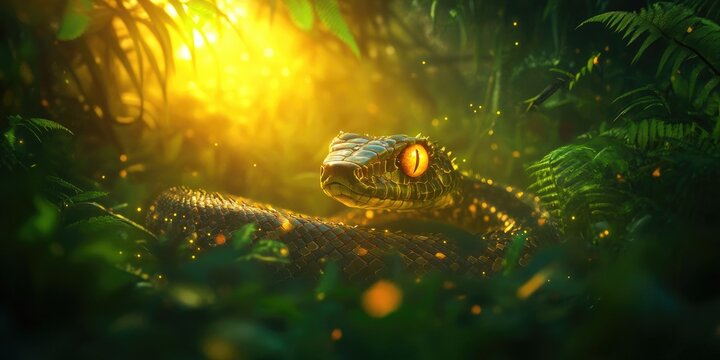 Checkered keelback snake in a lush rainforest setting, Checkered keelback snake in a vibrant rainforest environment