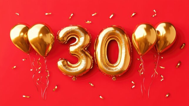 30th anniversary celebration 2D cartoon illustration featuring shiny gold foil number 30 and metallic balloons on a vibrant red background Cheerful design for milestone greetings