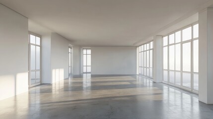 Fototapeta premium 3D rendering of a modern apartment interior featuring an empty space with concrete flooring and windows ideal for diverse furniture and home decor mockups panoramic view