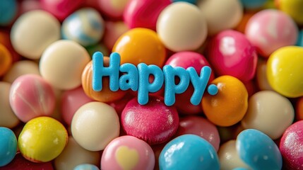 Obraz premium Close up of a colorful assortment of sweet bonbons featuring the word Happy