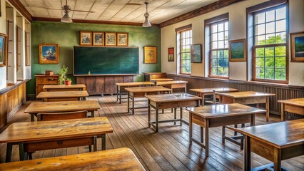 Empty classroom with old wooden desks, traditional blackboard with chalk scribbles, and colorful educational posters on the wall, evoking nostalgia for school days.