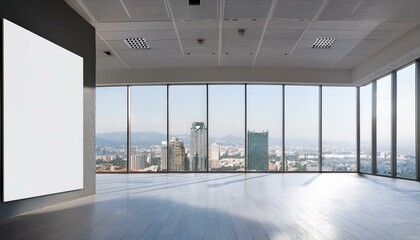 Fototapeta premium Clean interior with empty white mock up banner, panoramic windows, city view and daylight. 3D Rendering.