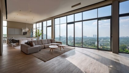Fototapeta premium Clean interior with furniture, carpet, wooden flooring, panoramic windows, city view and daylight. 3D Rendering.