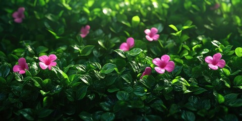 Naklejka premium Pink blooms against lush green foliage, Pink flowers with vibrant green leaves