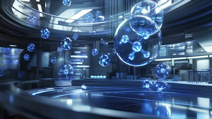 Obraz premium Hightech laboratory with holographic molecular models floating in midair, futuristic biotech facility