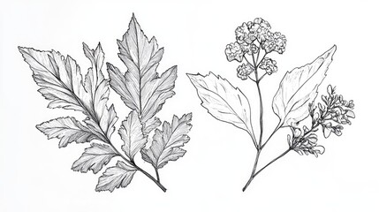 Botanical leaf and wildflower line art doodles set against a white background