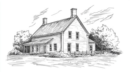 An illustrated vintage line drawing of a historic hall associated with a forebear of a notable American president