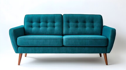 Fototapeta premium Teal Mid Century Modern Sofa with Tapered Wooden Legs on Pristine White Background
