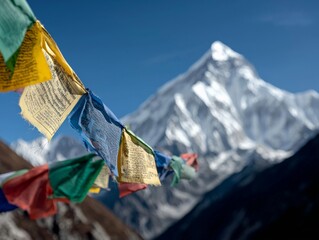 A spiritual moment at a prayer flag-covered stupa near Mount Everest, with the iconic peak rising majestically in the background, as colorful flags flutter in the wind