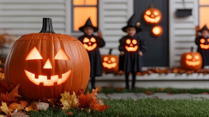 Obraz premium Festive Halloween scene with carved pumpkins and children in costumes