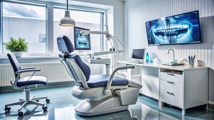A dental consultation setup with a monitor displaying an x-ray, a dentist chair, and dental equipment, conveying a sterile and professional medical atmosphere.
