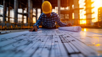 photograph of photograph of Smart civil architect engineer inspecting and working outdoors structure building site with blueprints.