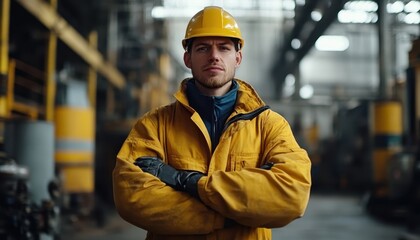 Professional engineer in uniform stands confidently in a busy factory environment