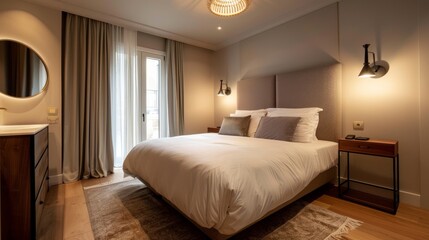 An elegant Scandinavian bedroom featuring a double bed with a sleek headboard bedside tables
