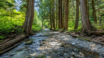 Obraz premium A serene forest scene featuring a flowing stream surrounded by tall trees and lush greenery.