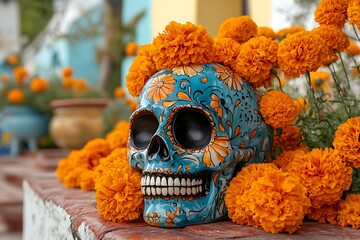 Skull with Orange Flowers
