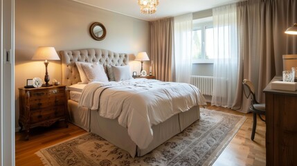 An elegant Scandinavian bedroom featuring a double bed with a simple headboard bedside tables