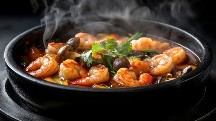 Delicious Shrimp Dish in Clay Pot with Steam Rising