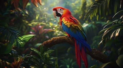 Obraz premium Vibrant Parrot in Lush Tropical Forest Setting