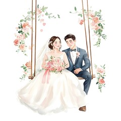 Watercolor Illustration of Bride and Groom on a Swing Adorned with Flowers