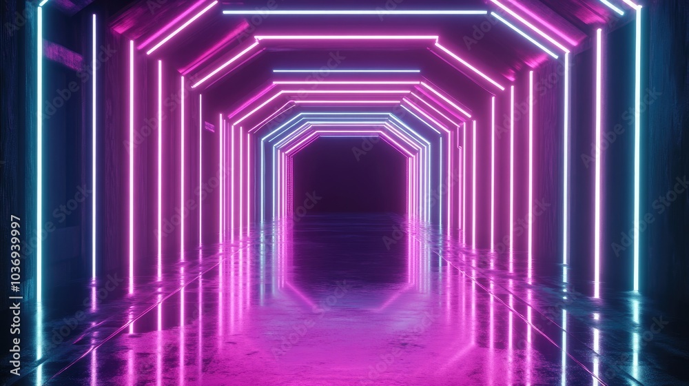 Poster futuristic neon glowing lines illuminate a dark tunnel creating reflections on the floor and ceiling