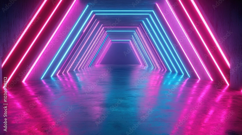 Poster futuristic neon glowing lines illuminate a dark tunnel creating reflections on the floor and ceiling