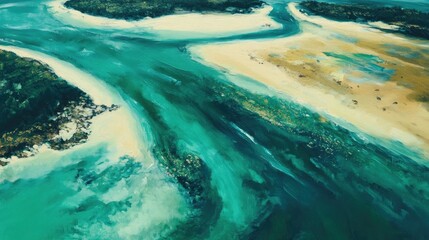 Aerial oil painting featuring a clear turquoise river and a coastal sandbar