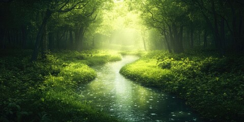 Obraz premium Gentle stream meandering through a lush woodland, Serene stream flowing through a vibrant forest