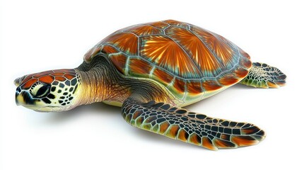 A sea turtle resting gracefully against a clean white background