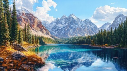 Oil painting depicting a majestic mountain landscape within a national park setting showcasing natural beauty and vibrant colors