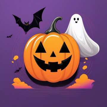 recommend clip art: ハロウィンのカボチャランタンとお化け、コウモリのイラスト