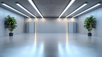 Fototapeta premium modern interior space featuring two potted plants, sleek lighting, and polished concrete floor. minimalist design creates calm and inviting atmosphere. 