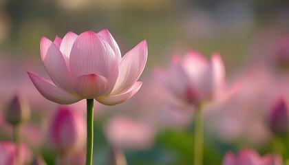 Pink lotus flowers bloom vibrantly in a serene pond at dawn