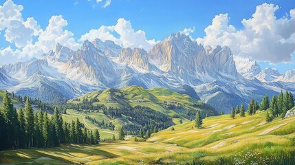 Fototapeta premium Oil painting depicting a panoramic view of the majestic Alps on a sunny day showcasing towering peaks and serene landscapes