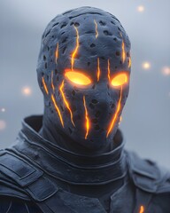 Mysterious figure with glowing eyes and textured mask