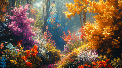 A vibrant forest in bloom, with a variety of colorful plants and flowers.