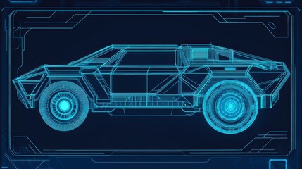 Futuristic Vehicle Blueprint in Neon Blue Design