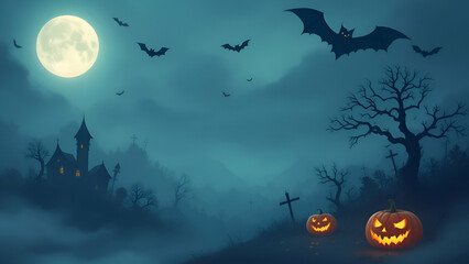 A misty Halloween night scene with a haunted house, jackolanterns, a full moon, bats flying in the sky, and a spooky tree with crosses.