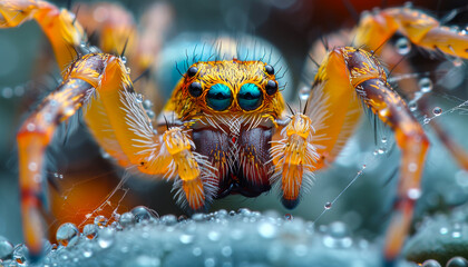 Fototapeta premium A spider with blue eyes and yellow legs is standing on a wet surface. The spider's eyes are large and bright, and its legs are long and slender.