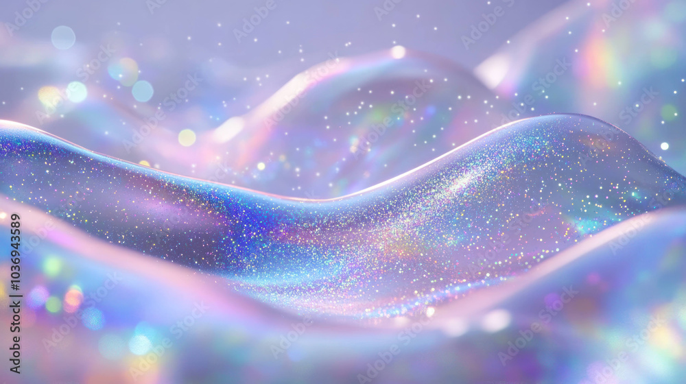 Poster mesmerizing display of colorful glitter particles swirling in cosmic flow, creating dreamy and ethereal atmosphere. shimmering waves evoke sense of wonder and beauty