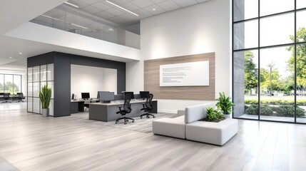 Fototapeta premium Modern Office Lobby Interior Design with Large Windows and Natural Light