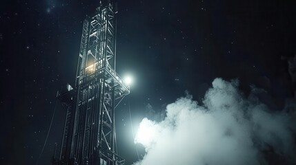 A dashing oil derrick at night with smoke coming from the plume