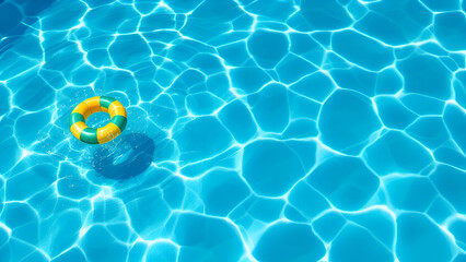 Obraz premium A yellow and green pool float, resembling a life preserver, floats on the surface of a sparkling blue swimming pool, creating a refreshing and inviting summer scene.