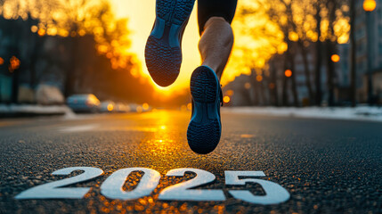 Running Towards Future: Man Jogging on Street for 2025, Embracing New Year's Vision and Ideas at Sunrise, Leader's Readiness and Lifestyle Fitness