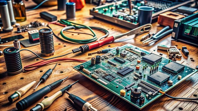 A cluttered workbench with various electronic components, wires, and diagrams surrounds a half-assembled motherboard, with a soldering iron and tools scattered around it.