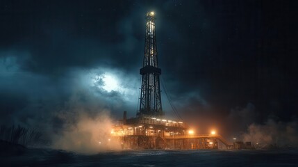 Obraz premium A dashing oil derrick at night with smoke coming from the plume